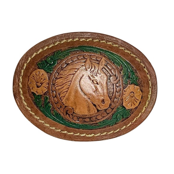 Vintage Leather Tooled Handpainted Western Belt Buckle Horse Head - Picture 1 of 6